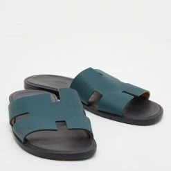 Hermes Hermés Green Epsom Leather Izmir Flat Slides Size 42.5 For Men -Deals Hermes Store luxury men hermes used shoes p629696 005