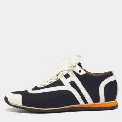 Hermes Navy Blue/White Leather And Canvas Tie Break Low Top Sneakers Size 41 For Men