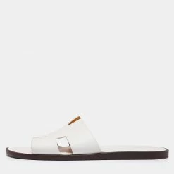 Hermes White Leather Izmir Flat Slides Size 46 For Men