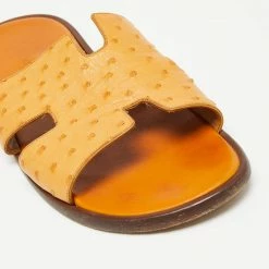 Hermes Light Orange Ostrich Leather Izmir Flat Slides Size 44.5 For Men -Deals Hermes Store luxury men hermes used shoes p642300 004
