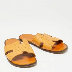 Hermes Light Orange Ostrich Leather Izmir Flat Slides Size 44.5 For Men -Deals Hermes Store luxury men hermes used shoes p642300 006