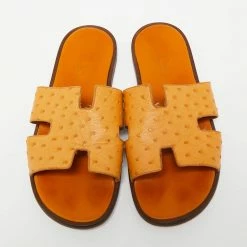 Hermes Light Orange Ostrich Leather Izmir Flat Slides Size 44.5 For Men -Deals Hermes Store luxury men hermes used shoes p642300 008