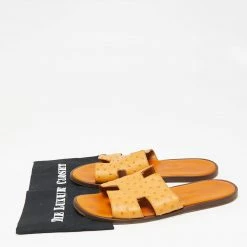 Hermes Light Orange Ostrich Leather Izmir Flat Slides Size 44.5 For Men -Deals Hermes Store luxury men hermes used shoes p642300 010