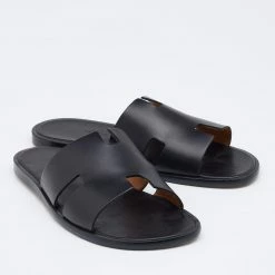Hermes Black Leather Izmir Slide Sandals Size 45 For Men -Deals Hermes Store luxury men hermes used shoes p647668 005