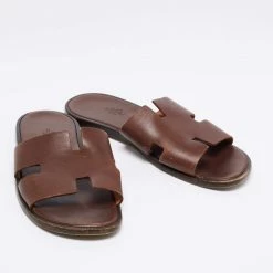 Hermes Dark Brown Leather Izmir Slides Size 43 For Men -Deals Hermes Store luxury men hermes used shoes p653132 002