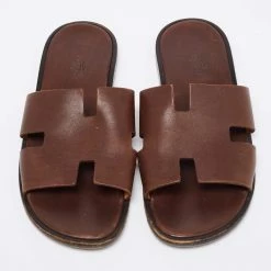 Hermes Dark Brown Leather Izmir Slides Size 43 For Men -Deals Hermes Store luxury men hermes used shoes p653132 003