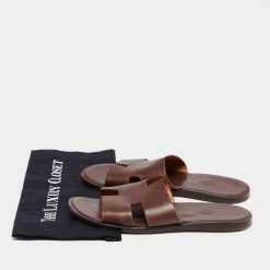 Hermes Dark Brown Leather Izmir Slides Size 43 For Men -Deals Hermes Store luxury men hermes used shoes p653132 004