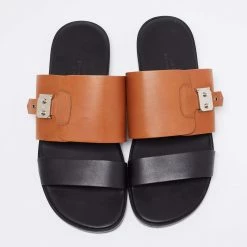 Hermes Brown/Black Leather Flat Slide Sandals Size 40.5 For Men -Deals Hermes Store luxury men hermes used shoes p663853 001