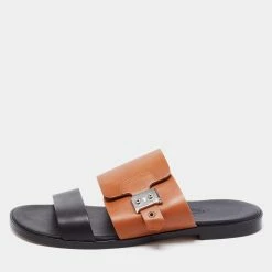 Hermes Brown/Black Leather Flat Slide Sandals Size 40.5 For Men