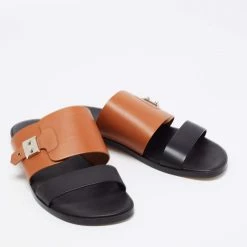 Hermes Brown/Black Leather Flat Slide Sandals Size 40.5 For Men -Deals Hermes Store luxury men hermes used shoes p663853 006