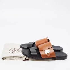 Hermes Brown/Black Leather Flat Slide Sandals Size 40.5 For Men -Deals Hermes Store luxury men hermes used shoes p663853 008