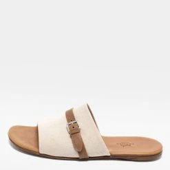 Hermes Cream/Brown Canvas And Leather Flat Sandals Size 41 For Men