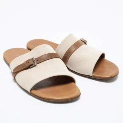 Hermes Cream/Brown Canvas And Leather Flat Sandals Size 41 For Men -Deals Hermes Store luxury men hermes used shoes p663967 006