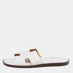 Hermes White Leather Izmir Slide Sandals Size 45 For Men
