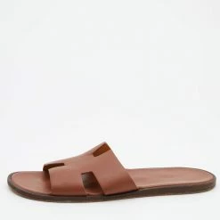 Hermes Brown Leather Izmir Flat Slides Size 47 For Men
