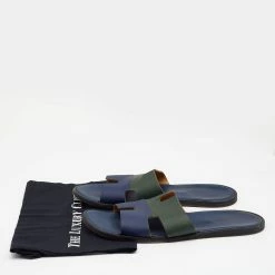 Hermes Blue/Green Leather Izmir Flat Slides Size 47 For Men -Deals Hermes Store luxury men hermes used shoes p679088 001
