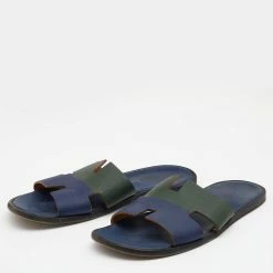 Hermes Blue/Green Leather Izmir Flat Slides Size 47 For Men -Deals Hermes Store luxury men hermes used shoes p679088 003
