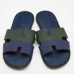 Hermes Blue/Green Leather Izmir Flat Slides Size 47 For Men -Deals Hermes Store luxury men hermes used shoes p679088 004