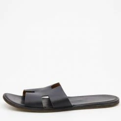 Hermes Black Leather Izmir Flat Slides Size 47 For Men