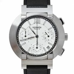 Hermes Silver Stainless Steel & Leather Nomade Chrono N01.910 Men's Wristwatch 39 Mm For Men -Deals Hermes Store luxury men hermes used watches p377429 005
