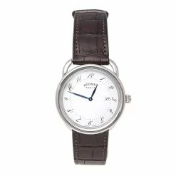 Hermes Silver Stainless Steel Leather Arceau AR5.710A Men's Wristwatch 38 Mm For Men