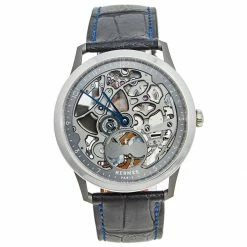Hermes Grey Skeleton Titanium Platinum Alligator Leather Slim D'Hermes Squelette Lune W053606WW00 Men's Wristwatch 39.50 Mm For Men