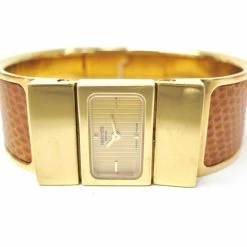 Hermes Loquet Wristwatch GP Leather Gold Brown Ladies For Women
