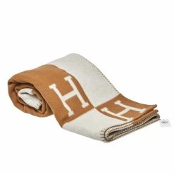 Hermes Hermès Ecru & Camel Merino Cashmere Avalon Throw Blanket For Unisex