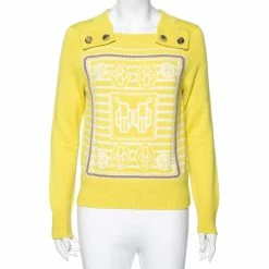 Hermes Yellow Intarsia Knit Cashmere Long Sleeve Jumper M For Women