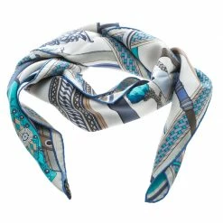 Hermes Beige And Blue Concours D'Etriers Printed Silk Square Scarf For Women