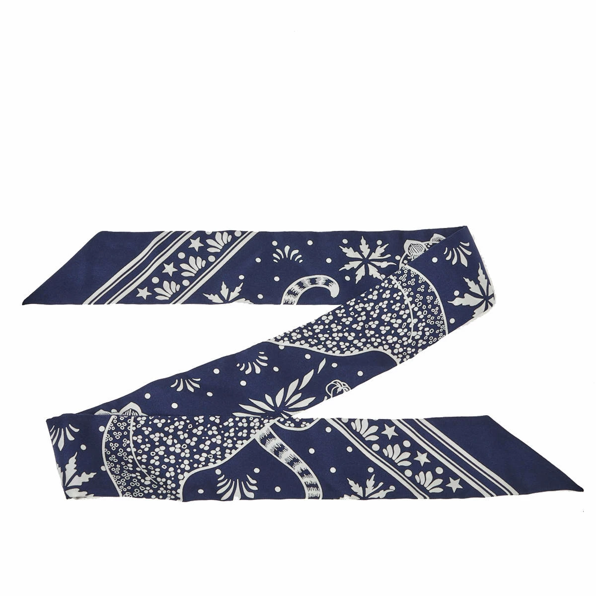 Hermes Navy Blue Les Leopards Silk Bandana Twilly For Women 4 Hermes Navy Blue Les Leopards Silk Bandana Twilly For Women - Image 2
