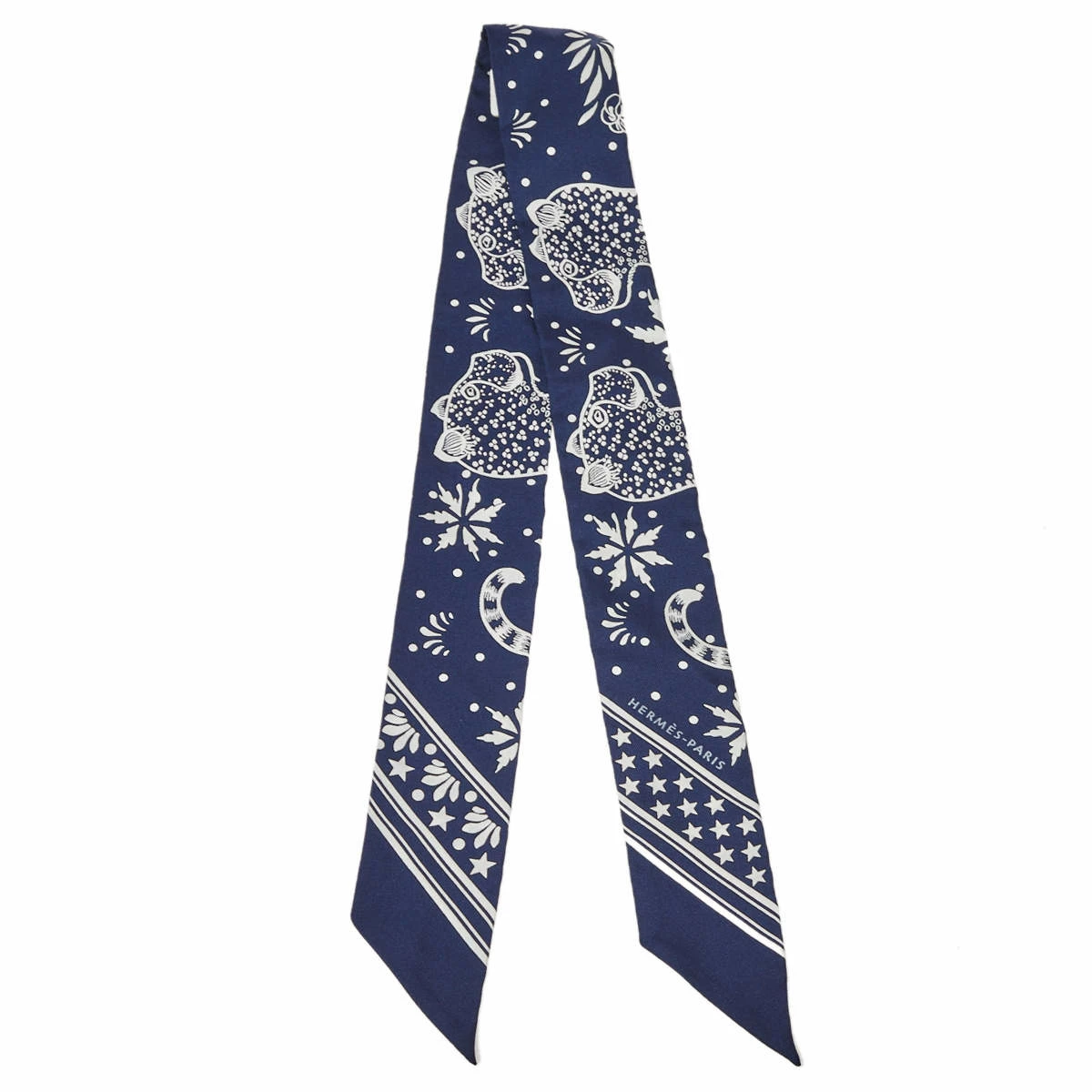 Hermes Navy Blue Les Leopards Silk Bandana Twilly For Women 3 Hermes Navy Blue Les Leopards Silk Bandana Twilly For Women