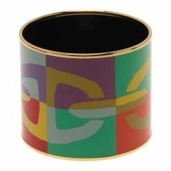 Hermes Mega Printed Multi Color Gold Plated Bangle Bracelet For Women