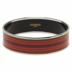 Hermes Wide Printed Belt Design Multi Color Silver-Plated Bangle Bracelet For Women