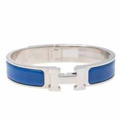 Hermes Clic H Palladium Plated Navy Blue Enamel Cuff Bracelet For Women