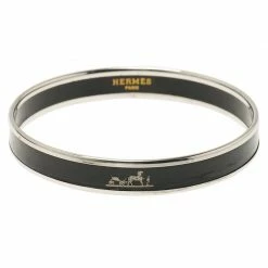Hermes Caleche Black Enamel Gold Tone Narrow Bracelet For Women