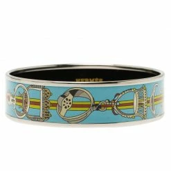 Hermes Hermès Wide Horsebit Printed Light Blue Enamel Palladium Plated Bracelet For Women -Deals Hermes Store luxury women hermes new accessories p53828 003