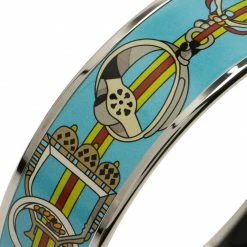 Hermes Hermès Wide Horsebit Printed Light Blue Enamel Palladium Plated Bracelet For Women -Deals Hermes Store luxury women hermes new accessories p53828 005