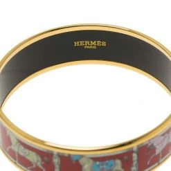 Hermes Hermès Wide Horse Printed Red Enamel Gold Plated Bracelet For Women -Deals Hermes Store luxury women hermes new accessories p53829 006