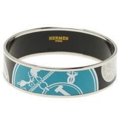 Hermes Hermès Wide Printed Black Enamel Palladium Plated Bracelet For Women