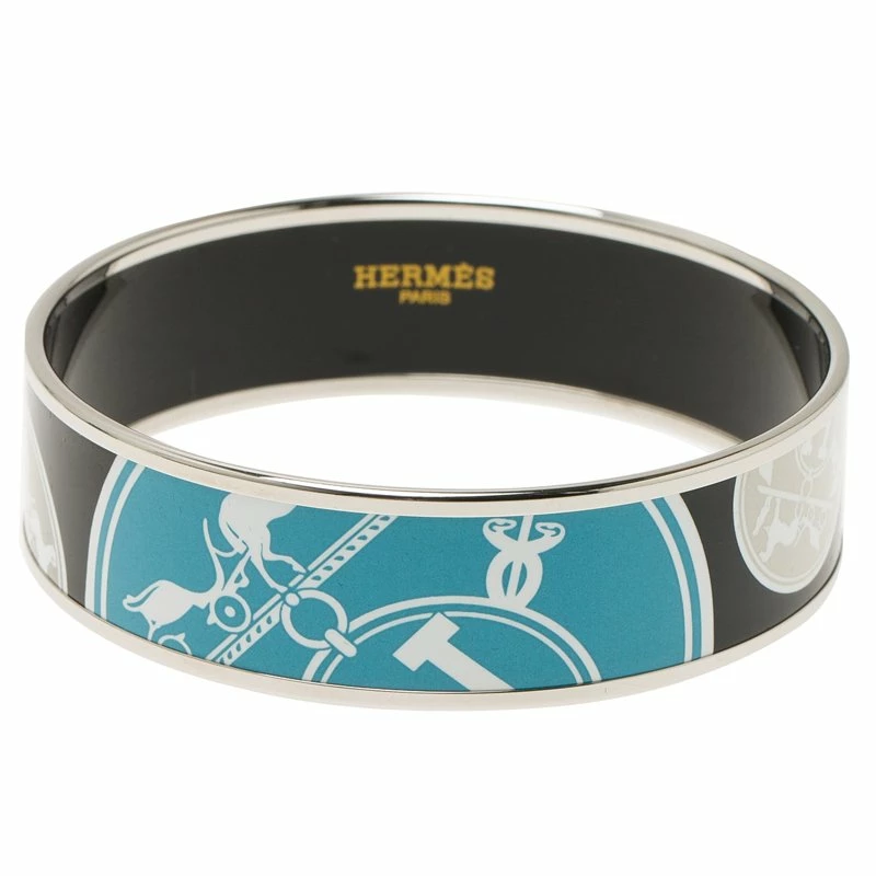 Hermes Hermès Wide Printed Black Enamel Palladium Plated Bracelet For Women 3 Hermes Hermès Wide Printed Black Enamel Palladium Plated Bracelet For Women