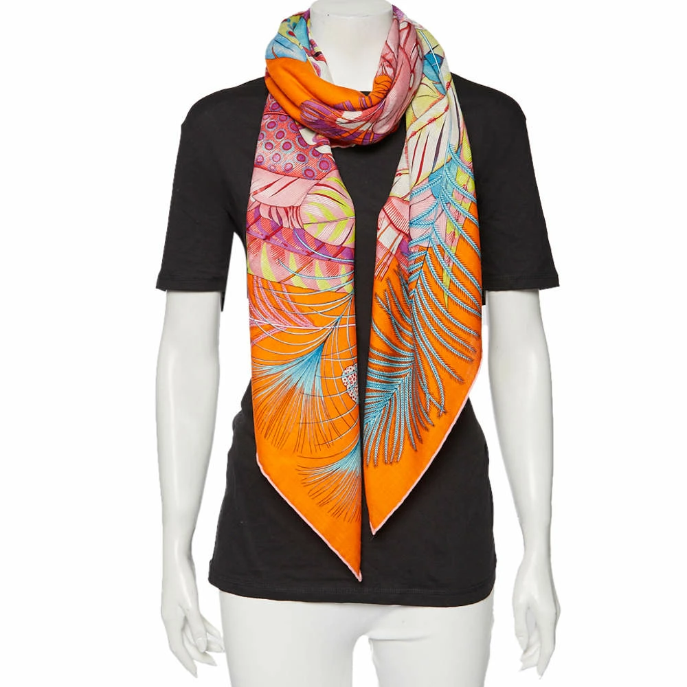 Hermes Hermés Orange Plumes En Fete Cashmere & Silk Scarf For Women 4 Hermes Hermés Orange Plumes En Fete Cashmere & Silk Scarf For Women - Image 2