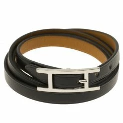 Hermes Hapi 3 MM Black Leather Palladium Bracelet For Women