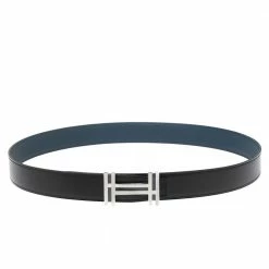 Hermes Noir/Bleu De Prusse Chamonix And Togo Leather H Au Carre Reversible Belt 95CM For Women