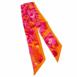 Hermes Fleurs De Lotus Orange & Pink Floral Print Silk Twilly Neck Scarf For Women -Deals Hermes Store luxury women hermes new accessories p79478 0003