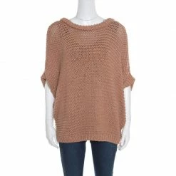Hermes Cinnamon Brown Chunky Open Knit Linen Batwing Sleeve Sweater L For Women