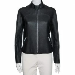 Hermes Black Leather Zip Front Biker Jacket M For Women