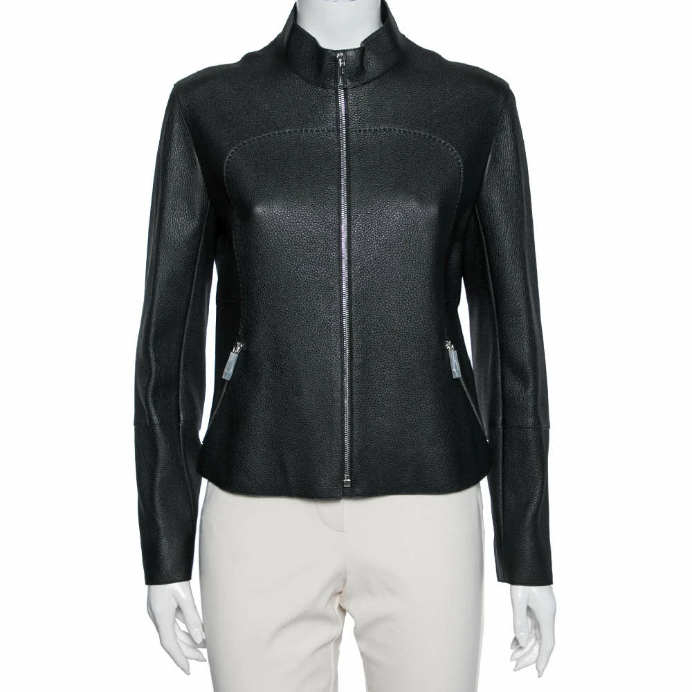 Hermes Black Leather Zip Front Biker Jacket M For Women 3 Hermes Black Leather Zip Front Biker Jacket M For Women