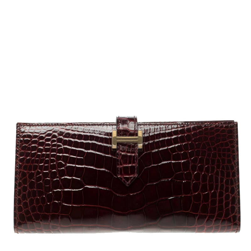 Hermes Burgundy Bordeaux Alligator Bearn Gusset Wallet For Women 3 Hermes Burgundy Bordeaux Alligator Bearn Gusset Wallet For Women