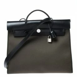 Hermes Khaki Green/Black Leather And Canvas Herbag Zip 39 Bag For Women
